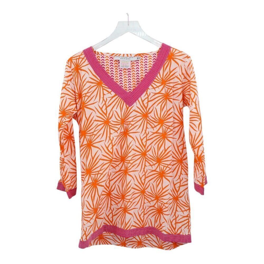 Gretchen Scott Designs Tunic Top Size M Orange Pink Floral Print 3/4 Sleeves